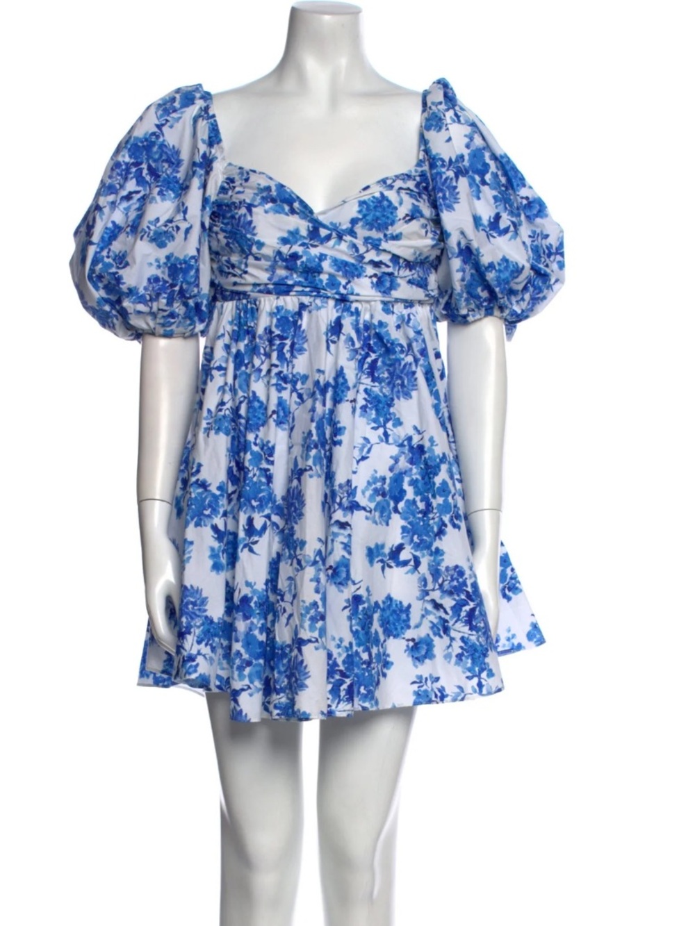 Caroline Constas Blue and White Floral Puff-Sleeve Blouse